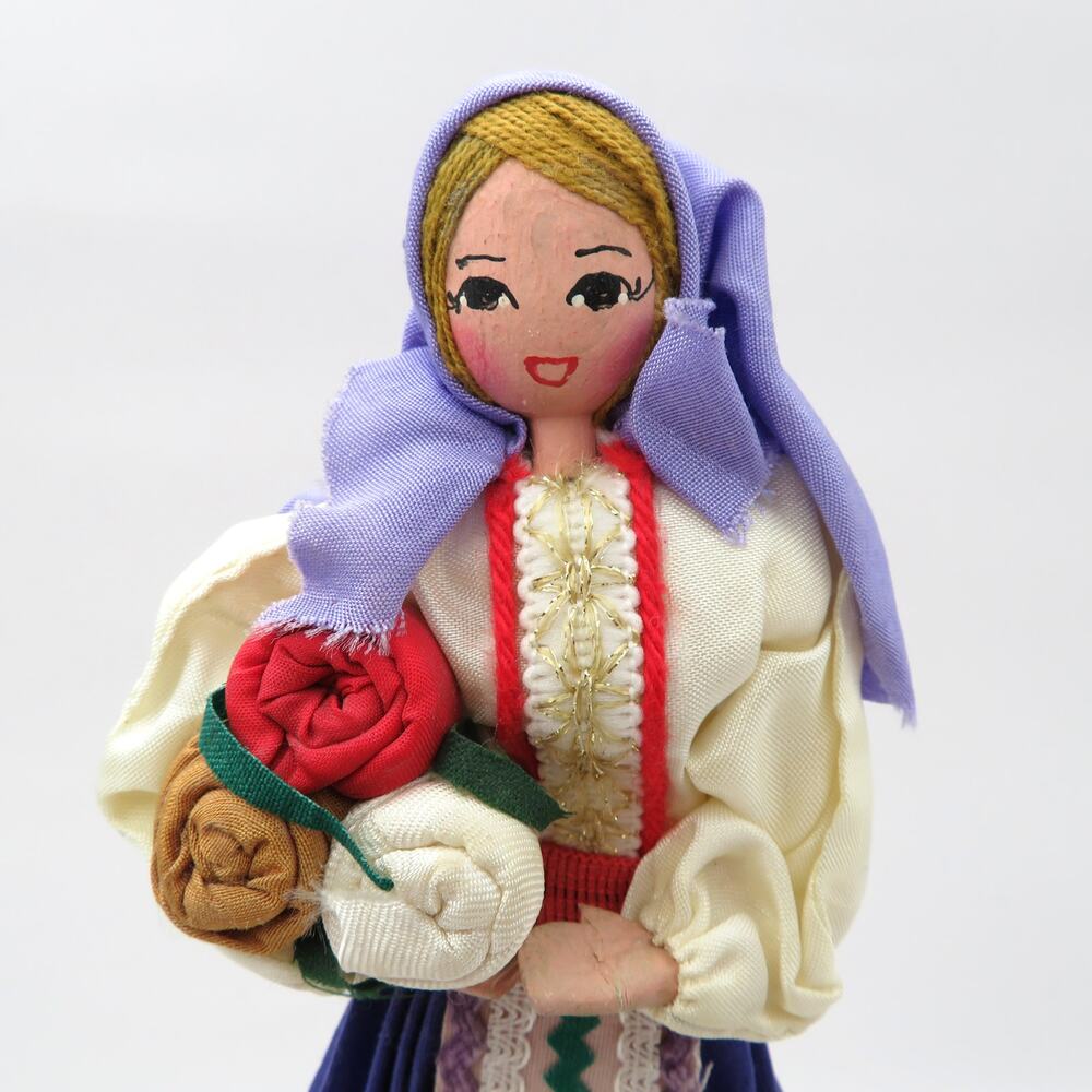 Vintage Bulgarian Folk Costume Doll 9" Cloth Wood Souvenir Doll on Stand